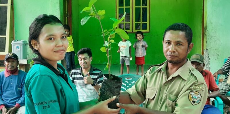 Koordinator Kegiatan Penghijauan Iryana Ugat Menyerahkan Anakan Pohon Kepada Aparat Desa Tenda Ondo (Foto: Istimewa)