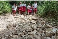 Siswa SDK Detuwulu di Ende sedang berjalan kaki menuju sekolah melewati jalan bebatuan (Foto: Chen Rasi/Savanaparadise.com)
