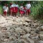 Siswa SDK Detuwulu di Ende sedang berjalan kaki menuju sekolah melewati jalan bebatuan (Foto: Chen Rasi/Savanaparadise.com)