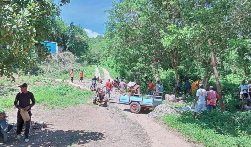 Puluhan Umat Lingkungan St. Yoseph Kotakadhe bergotong royong perbaiki jalan rusak (Foto:Chen Rasi/SP)