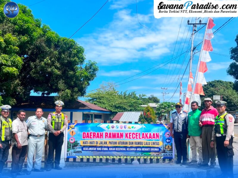Satlantas Polres Ende bersama FKLLAJ memasang spanduk himbuan (Foto: Mateus Bheri/SP)